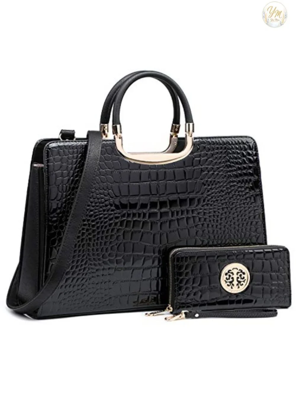 Vegan PU Croco Textured Satchel Purse with Matching Wristlet Work Bag
